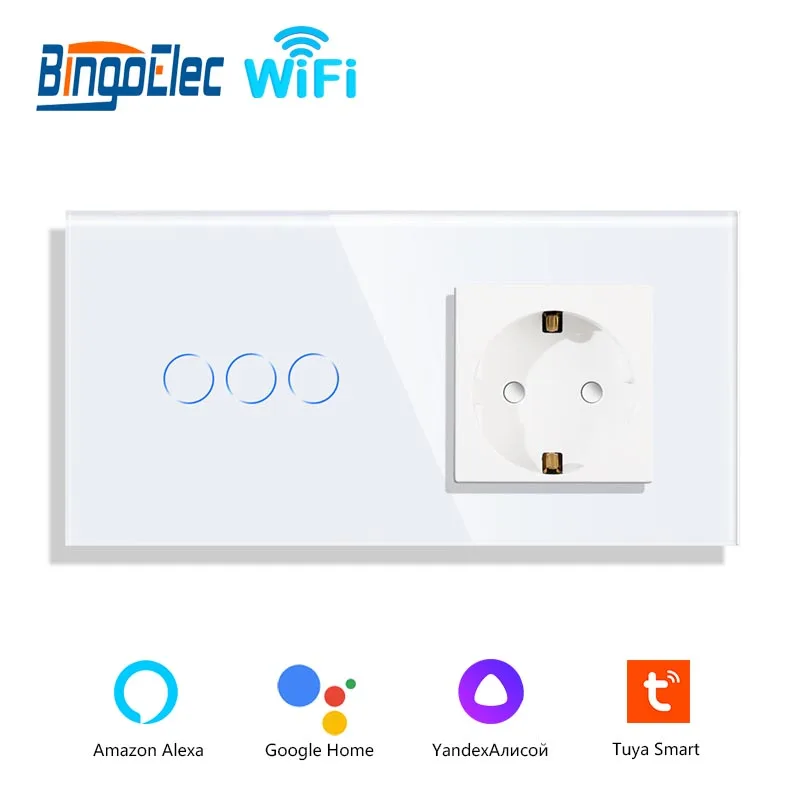 Bingoelec Wifi Touch Switch 1Gang 2Gang 3Gang With Normal EU Socket Without Wifi 3 Color Crystal Glass Panel Smart Switch