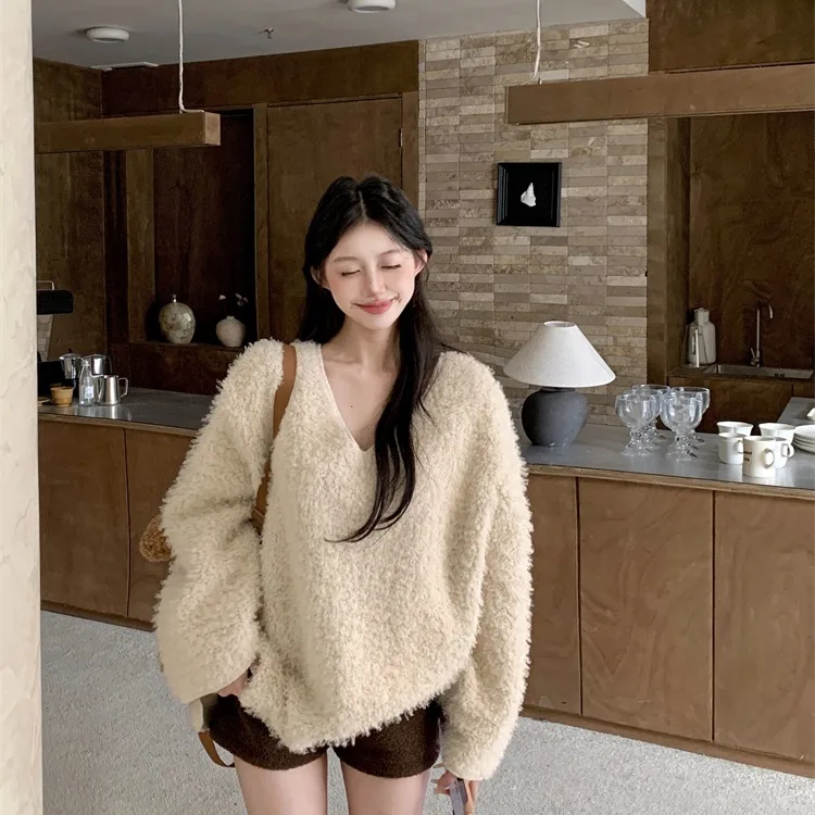 Ultra-Thi Übergroßer Lazy Sle Baby Samt Eepskin Hoodie Damen Long Sve V-Ne Korean Sle Pendeln Normale Länge