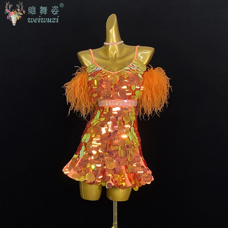 

Женский костюм для латинских танцев, высококачественный костюм для выступлений с блестками, оранжевый, с большим пухом, самбой и стразами, платье