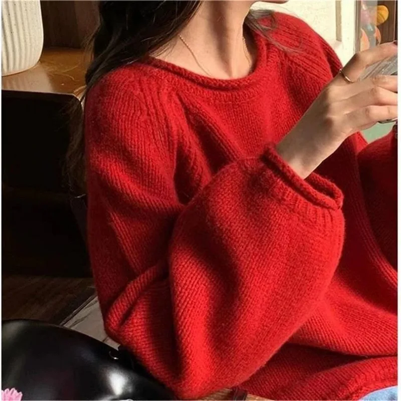 Korean rolled edge solid color pullover sweater for women gentle and loose knit top versatile and lazy soft and sticky sweater