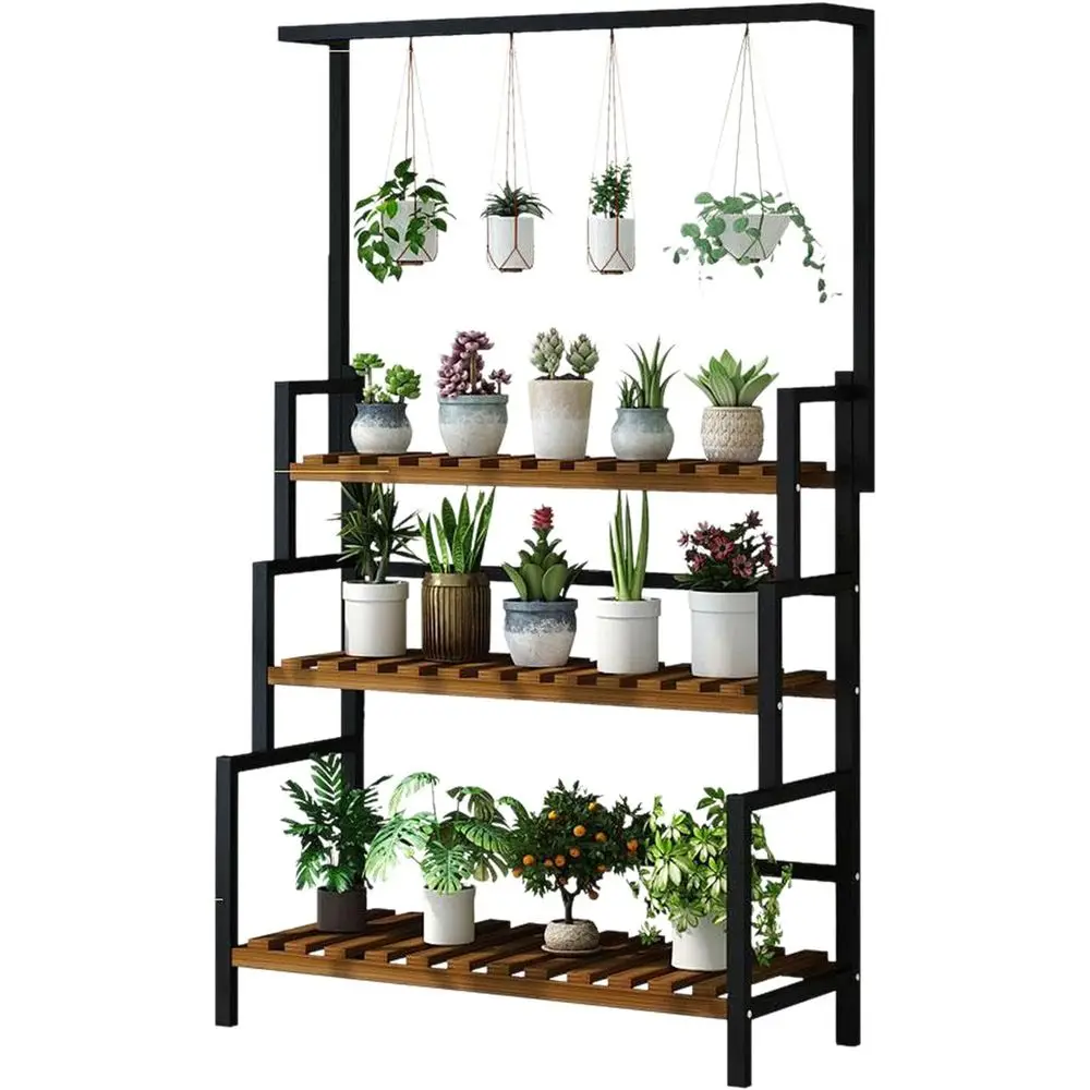 

3-Tier Ladder Plant Stand - Black Metal and Wood Indoor/Outdoor Planter Display Shelf for Balcony, Patio, Living Room