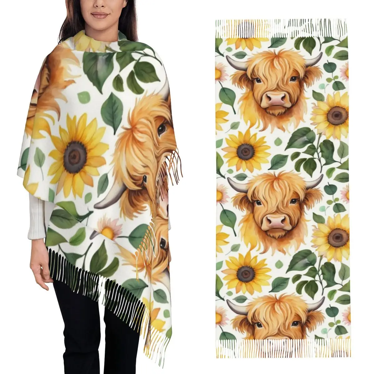 

Хайлендская корова и желтые подсолнухи, шарф, шарфы с кисточками для женщин, мягкие теплые шали и накидки, длинная осенне-зимняя шаль