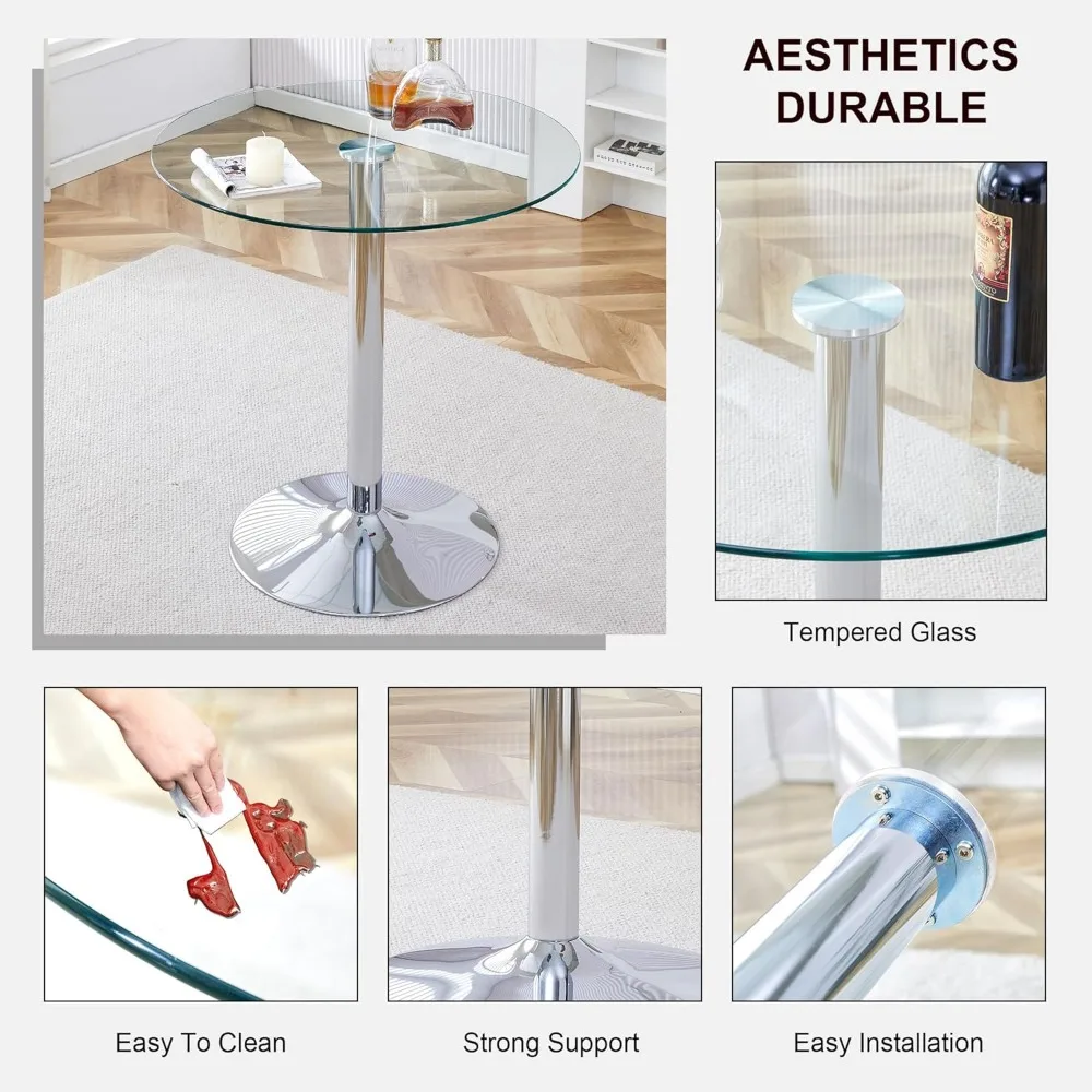Table ronde de hauteur de barre en verre, table ronde de hauteur de comptoir de 35 pouces avec plateau en verre trempé, support de poteau chromé argenté robuste, transparent