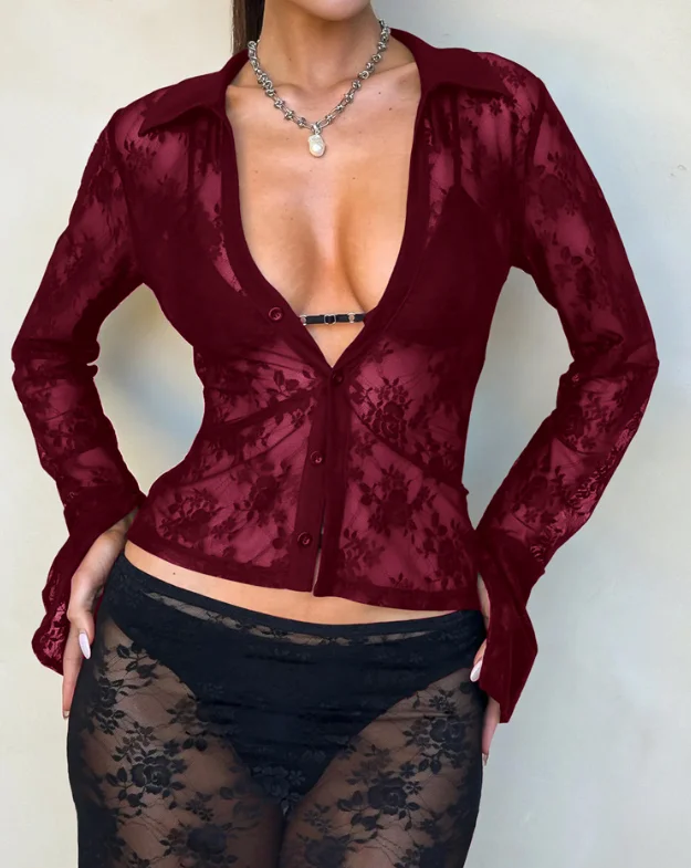 

Retro Women Shirt Sexy Long Sleeve Tops Lace Mesh See-Through V-Neck Ruched Buttons Bodycon Basic Club Streetwear Clothes