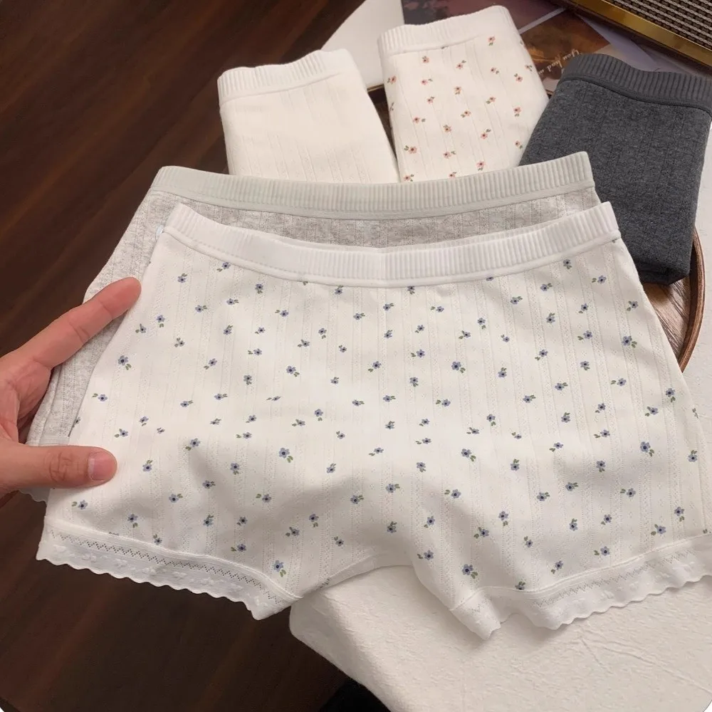 Briefs Mid Waist Lace Safety Pants Underwear Lingerie Ladies Leggings Shorts Anti-exposure Cotton Flower Panties Daily