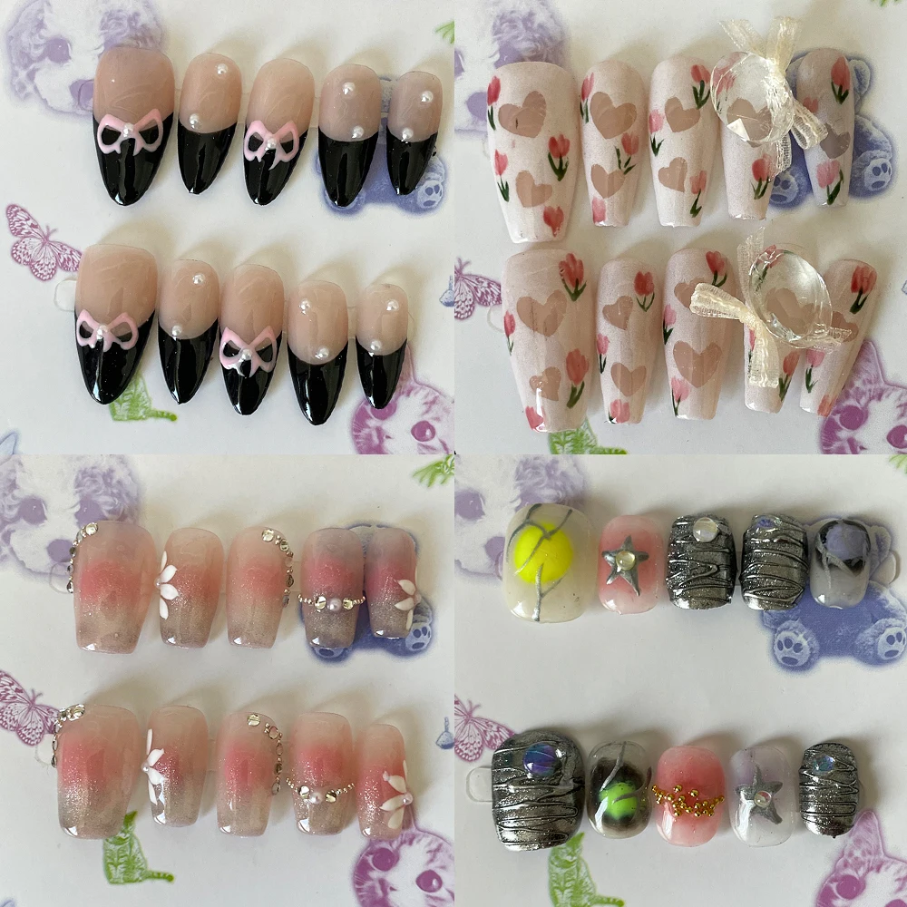 M Size Special Offer Gentle French Hand-drawn Bow Pearl Glitter Tulip Fake Nail Stars Dot Line Butterfly Handmade Nail Art