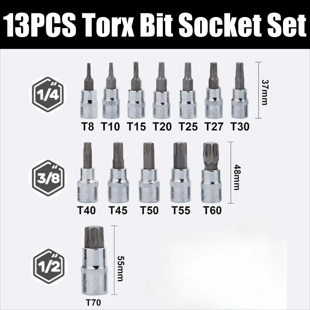 1/4 3/8 1/2-Inch Drive Torx Bit Socket Set Dr. T8 - T70 E Star Premium S2 Alloy Steel Cr-V Steel Star Socket Torx Bits Metric