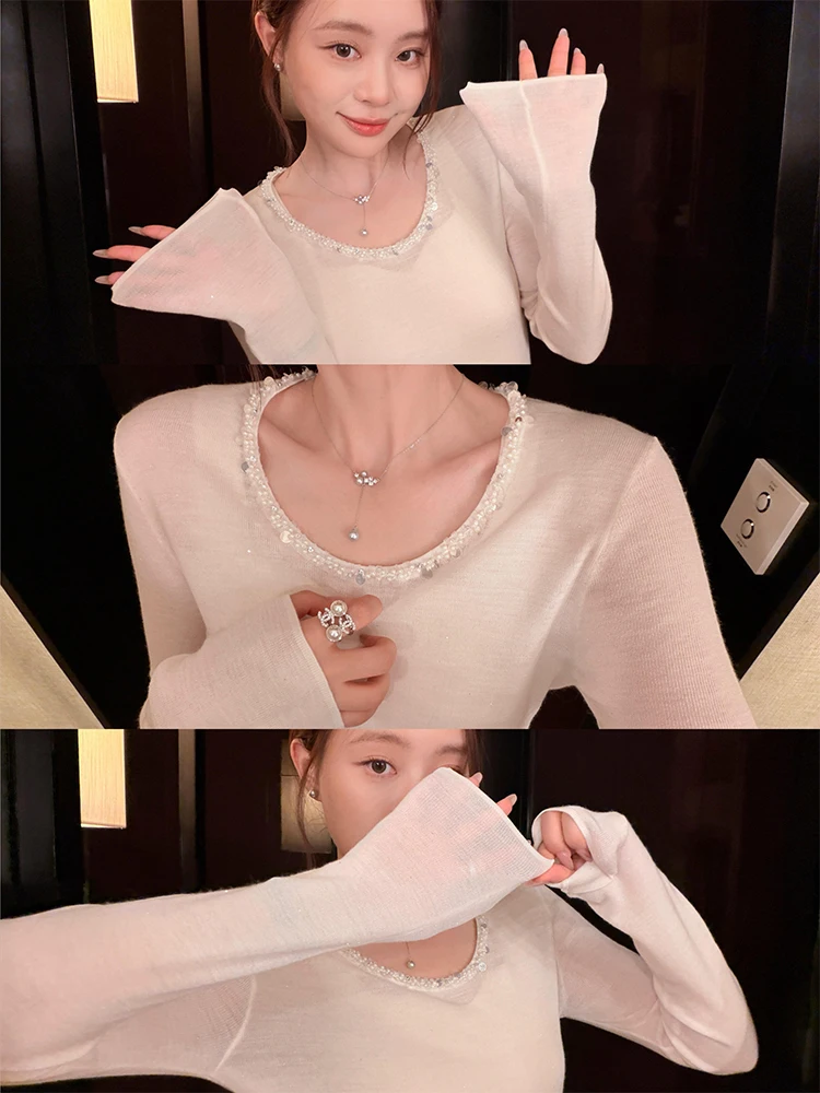 

Faionable round Ne Long Sve Knitted Sweater Women's Autumn Winter New Sle Small Fraance Versatile Base irt Elega...