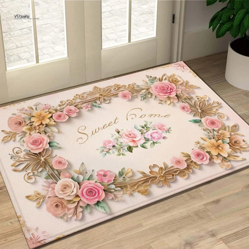 VIKAMA Sweet Dome Floral Rug “Home Sweet Home” Script Shag Entrance Mat, Vintage Style Floor Decoration Outdoor