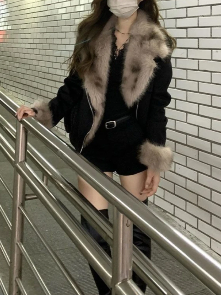 

Winter Fur Collar Fashion Design Moto Jackets Women New Elegant Thick Padded Short Slim Fit Coat High Street Casual Jacket 2000s