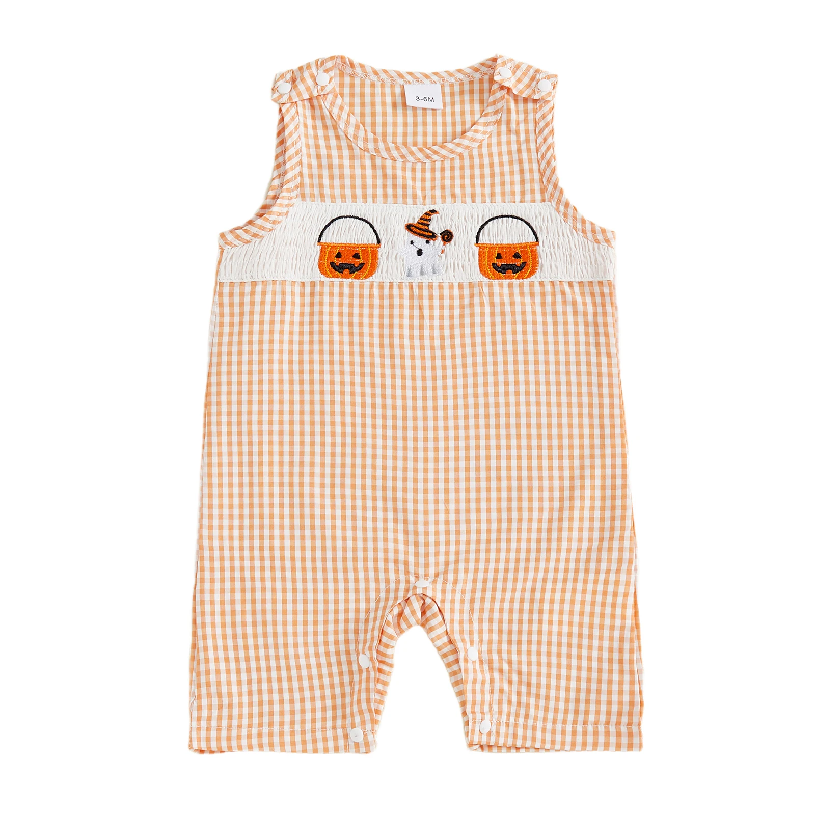 

Baby Halloween Plaid Overall Romper Pumpkin Ghost Embroidered Smocked Sleeveless Bodysuit Cute Fall Clothes