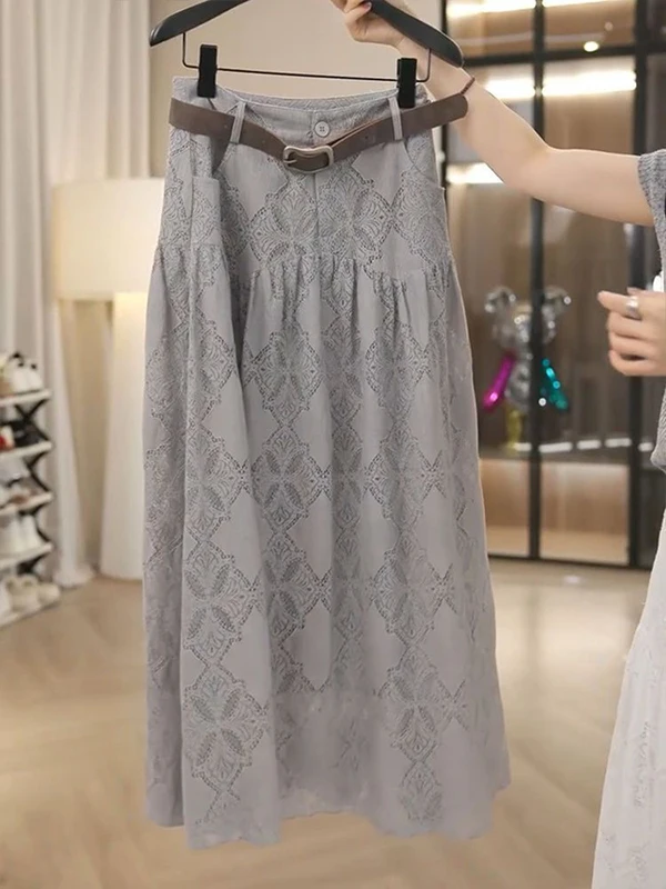Retro Lace Hollow out A-Line Skirt Women's High Waist Midi Skirt Casual Wear Polyester Fiber Zipper Closure Summer 2025
