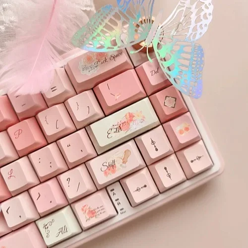 Imagem -02 - Keycap Padrão Carta Rosa Flor Timbrada Cereja Moa Pbt Ansi Iso Estilo Rural Romântico Francês Rosa Primavera Faça Você Mesmo 129 Chaves