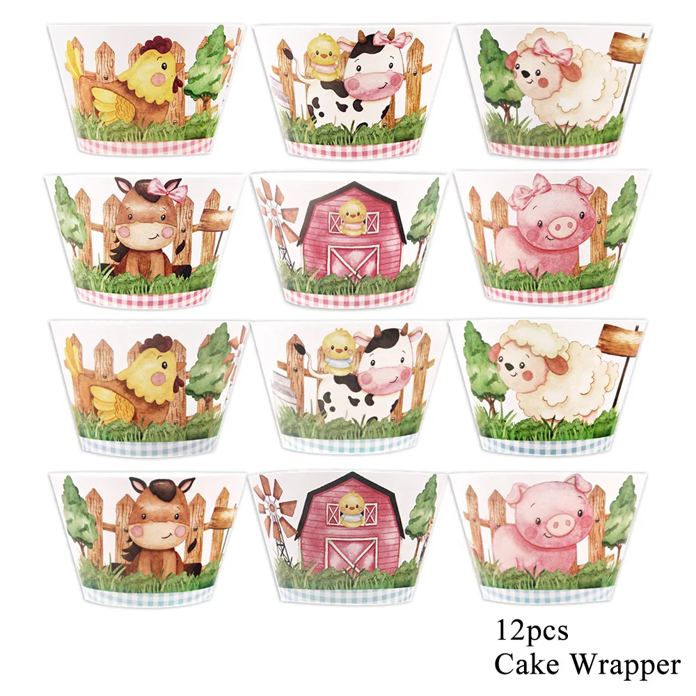 12Pcs Farmland Animal Cake Wrapper Carton Pig Cow Paper Cupcake Holder For Kids Farm Birthday Party Decoration DIY Cake Wrapping