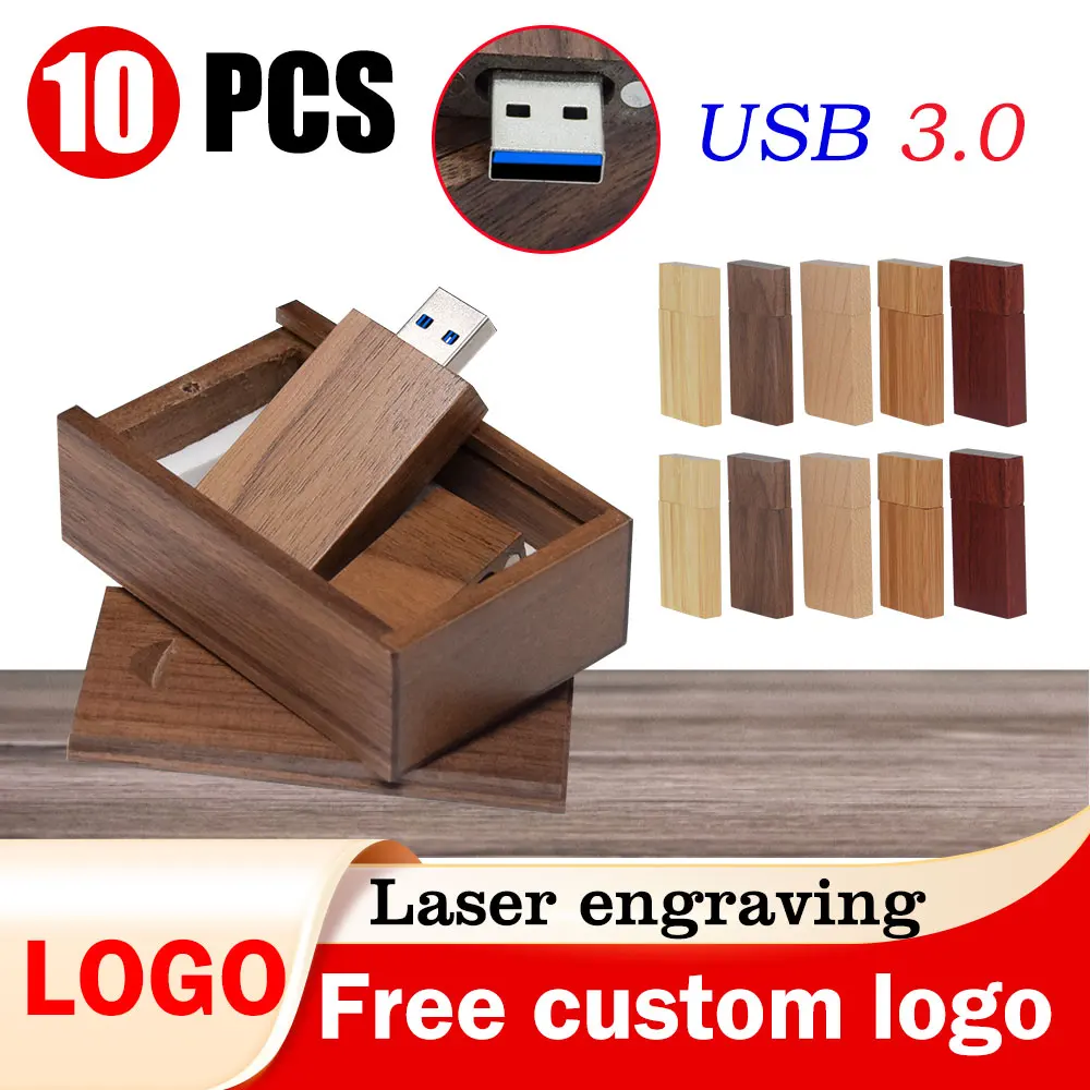 

10PCS LOT Wooden Box USB Flash Drives 3.0 128GB Free Custom Logo Pen Drive 64GB High Speed Memory Stick 32GB 16GB 8GB 4GB 3.0