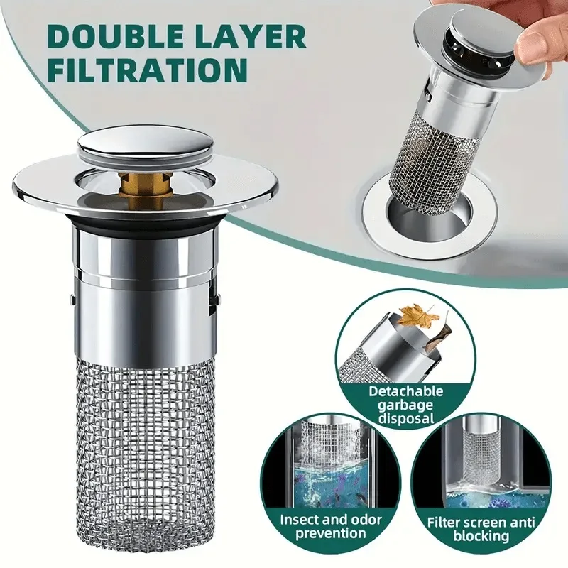 1 retractable sink drain plug,bathroom hair filter,304 stainless steel mesh + copper core material,integrated design,four season