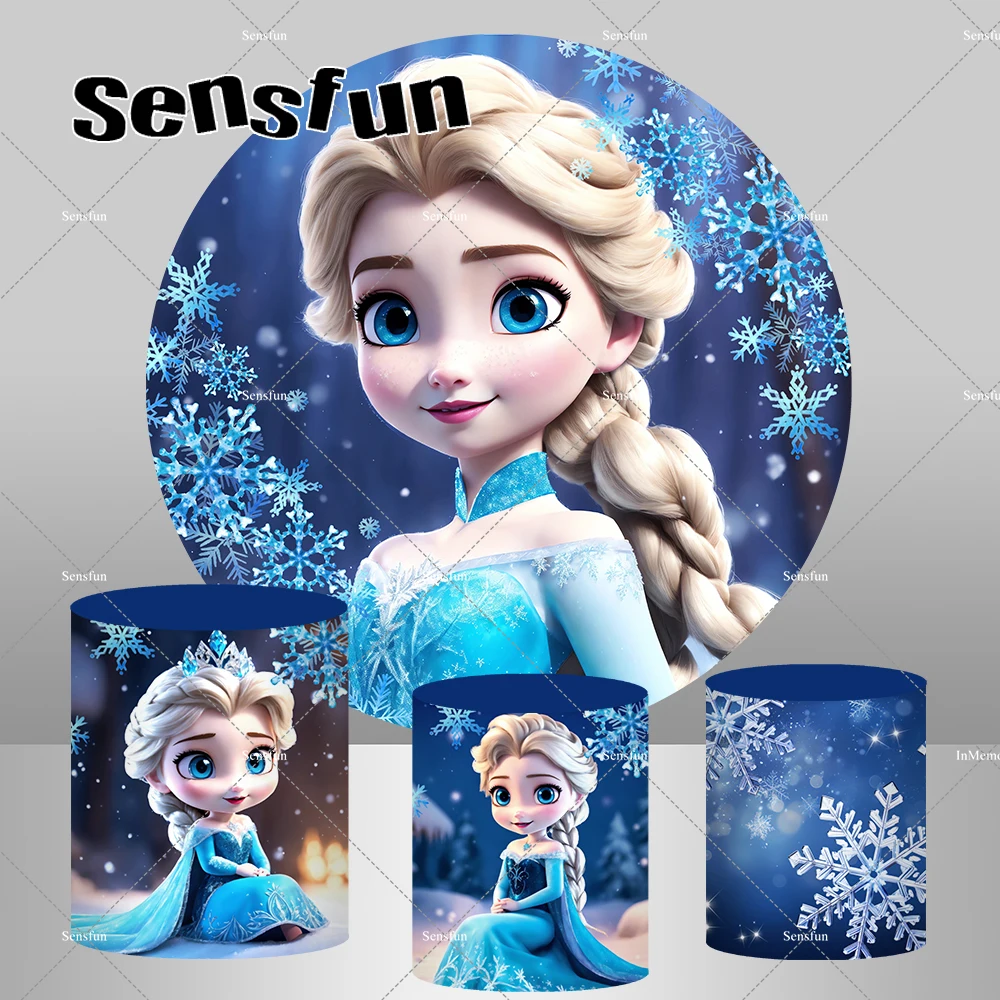 Frozen Theme Baby Elsa Round Backdrop Cover for Princess Girls Newborn Baby Shower 1st Birthday Party Decor Cylinder Covers