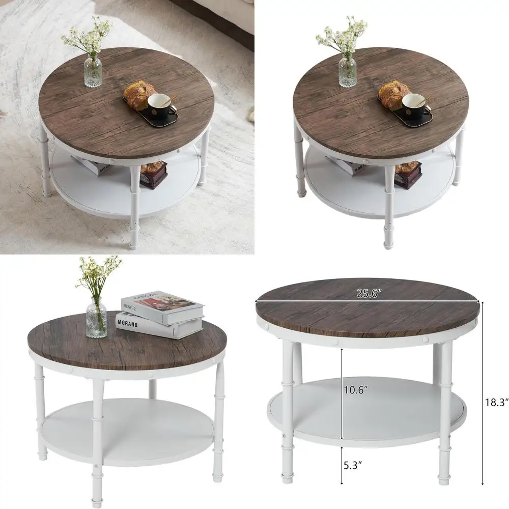 

2-Tier Round Walnut White Coffee Table with Metal Legs for Living Room, Bedroom, and Small Spaces