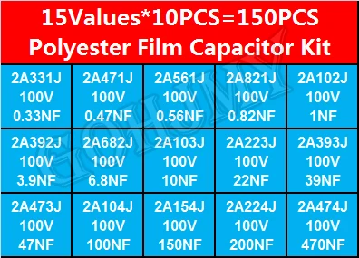 Imagem -03 - Valores 10 Pcs Polyester Film Capacitor Kit 0.33nf 2a331j 470nf 2a474j 2a821j 2a102j 2a393j 2a474j 150 Pcs 15