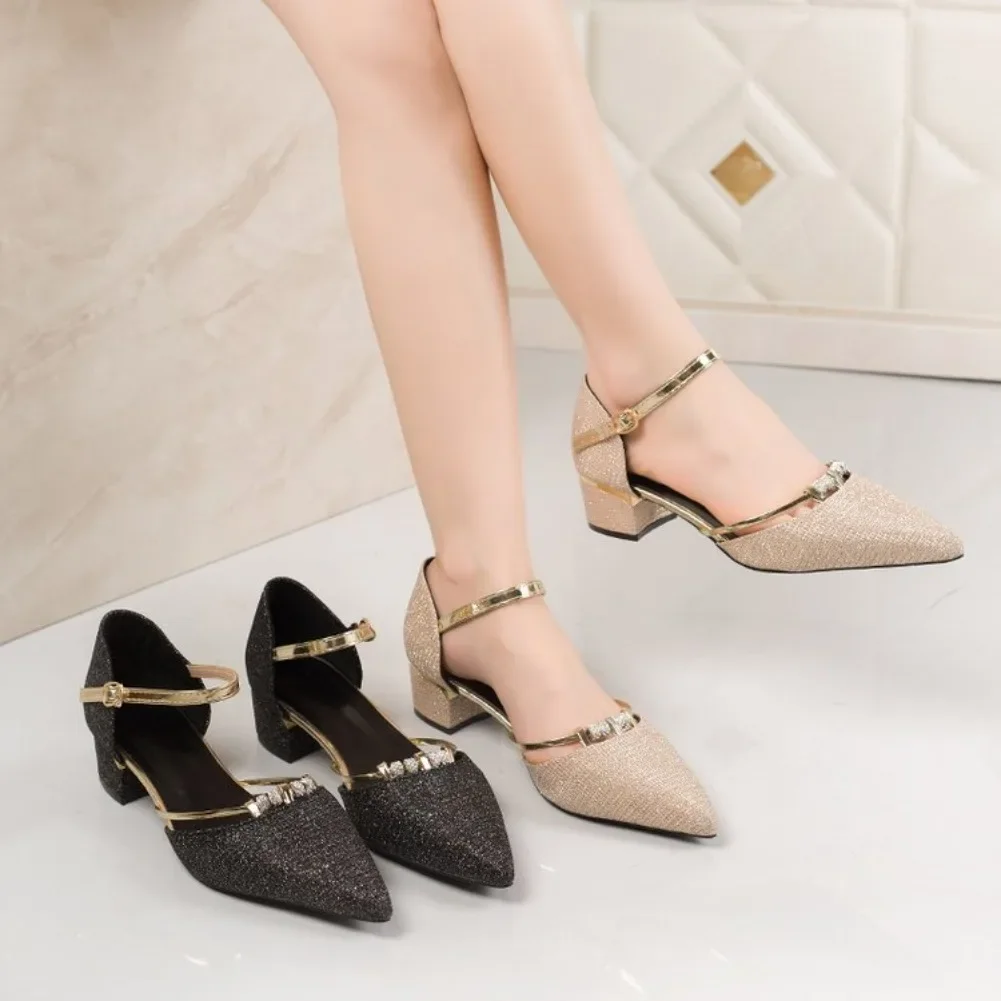 High Heel Women Sandals Leather Buckle Strap Square Heel Shoes Women Fashion Pointed Toe High Quality Sandals Party Pumps