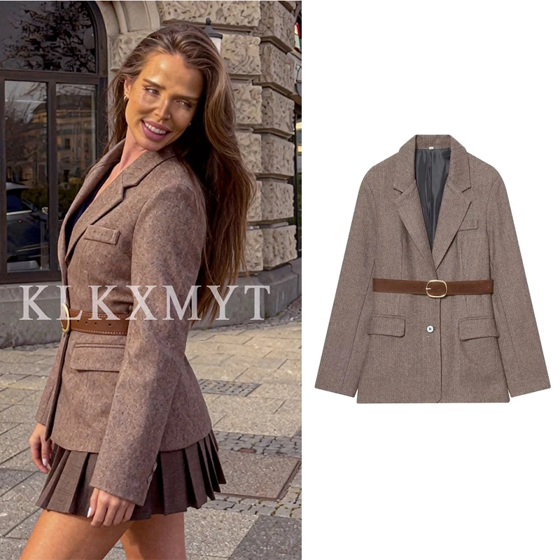 

Женские пиджаки, осень-зима 2022, новая мода, однотонный пиджак с поясом, женские уличные элегантные новые пальто