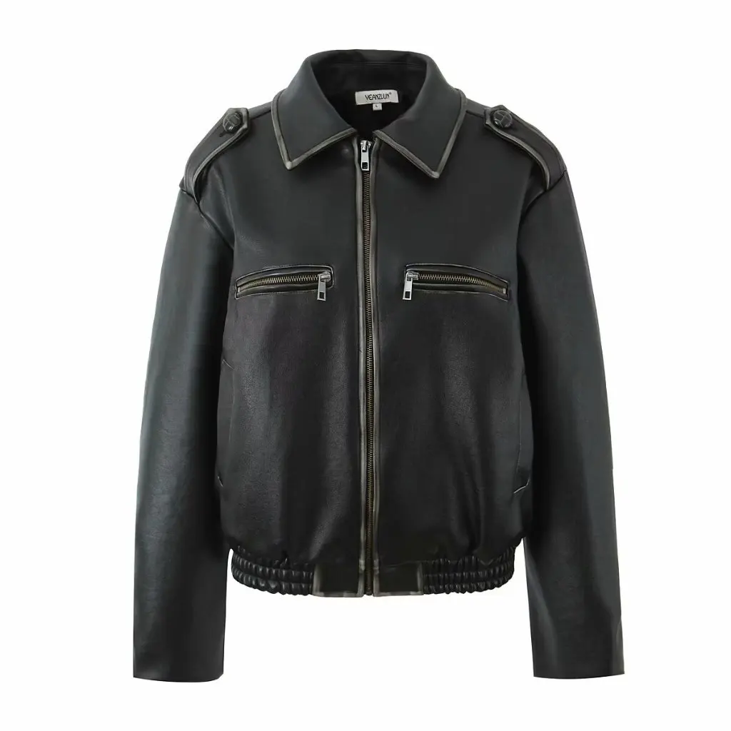 

Женская винтажная стираная куртка из искусственной кожи в европейском и американском стиле, пальто со свободной талией, осенне-зимняя верхняя одежда с лацканами