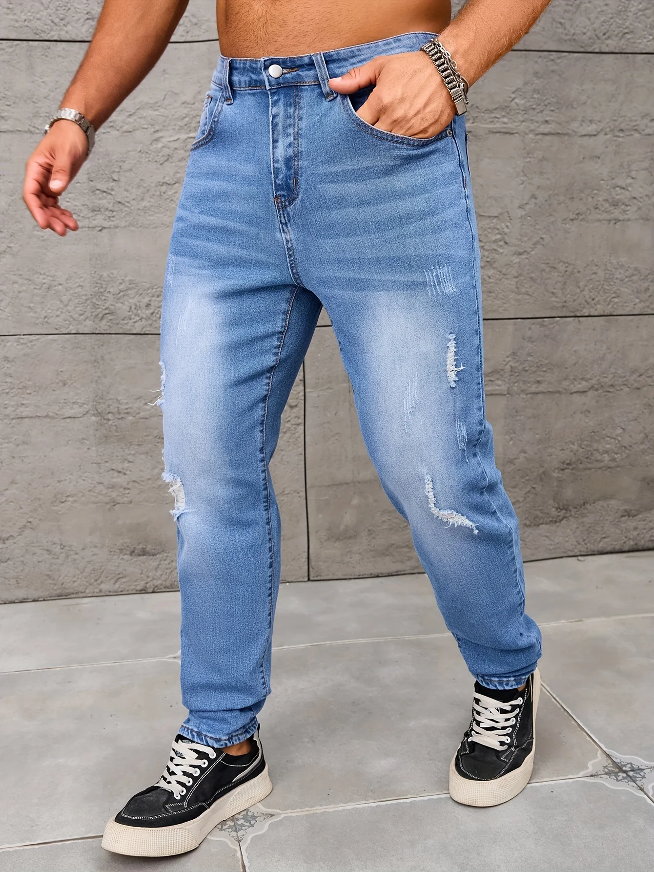 Men's Sky Blue Fashionable Simple Ripped Denim Trousers with Basic Versatile Design for Work and Daily Wear, Spring and Summer Style Men's Trousers