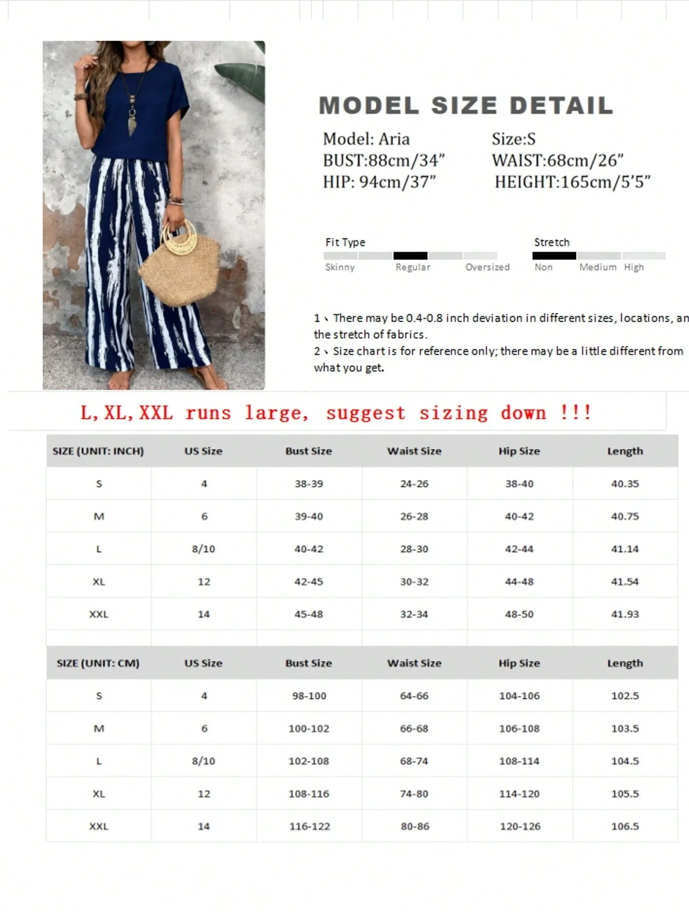 

Women's 2-Piece Set: Navy T-Shirt & Brushstroke Wide-Leg Pants For Summer Casual Vacation