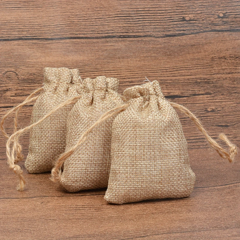 Sackleinen-Geschenktüten mit Kordelzug, Jutebeutel, Leinensäcke, Aufbewahrungsbeutel für Hochzeitsgeschenke, Party-Schmuckbeutel, 10 Stück – Detail 4