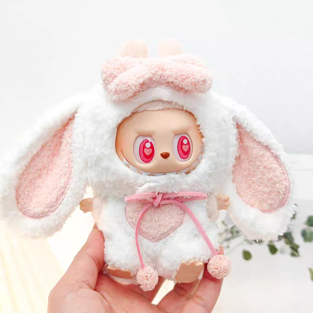 For 17cm Labubu Dolls Accessories DIY Doll Clothes Heartbeat Long Eared Furry Rabbit Costume Cartoon Dress Up  Labubu Outfit