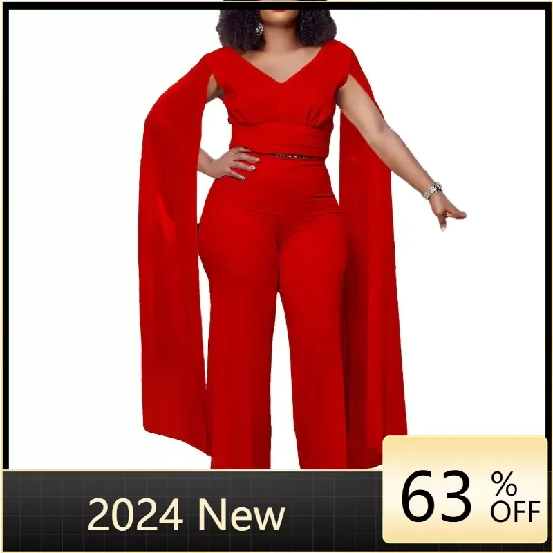 

Women's Set Clock Long Sleeve V-neck Blouse Tops and Wide Leg Straight Pants 2024 INS Two 2 Piece Sets Outfit Tracksuit