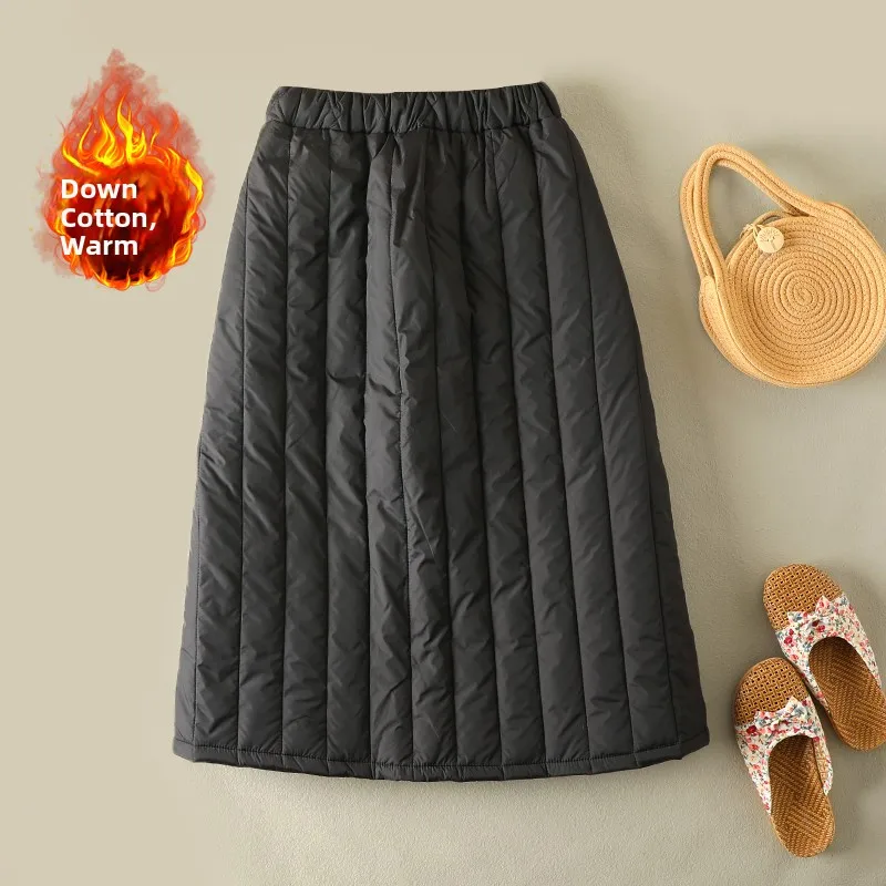 Warmth Lightweight down Cotton A-Line High Waist Midi Skirt Women Slimming Outerwear Long Dr Autumn Winter Faion Commute