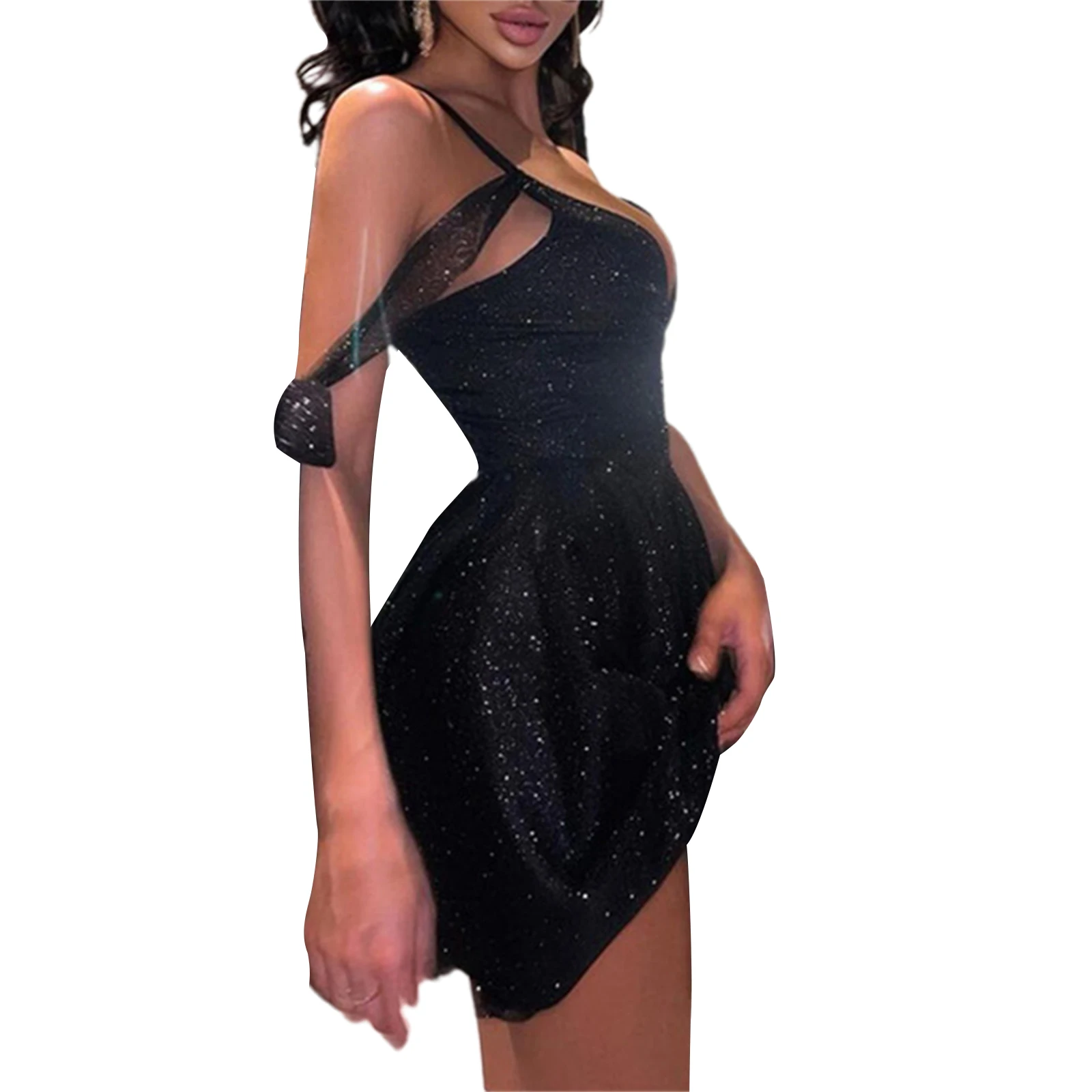 Women Shiny Party Dress Solid Color Spaghetti Strap V-Neck Braces Dress Cocktail Ladies