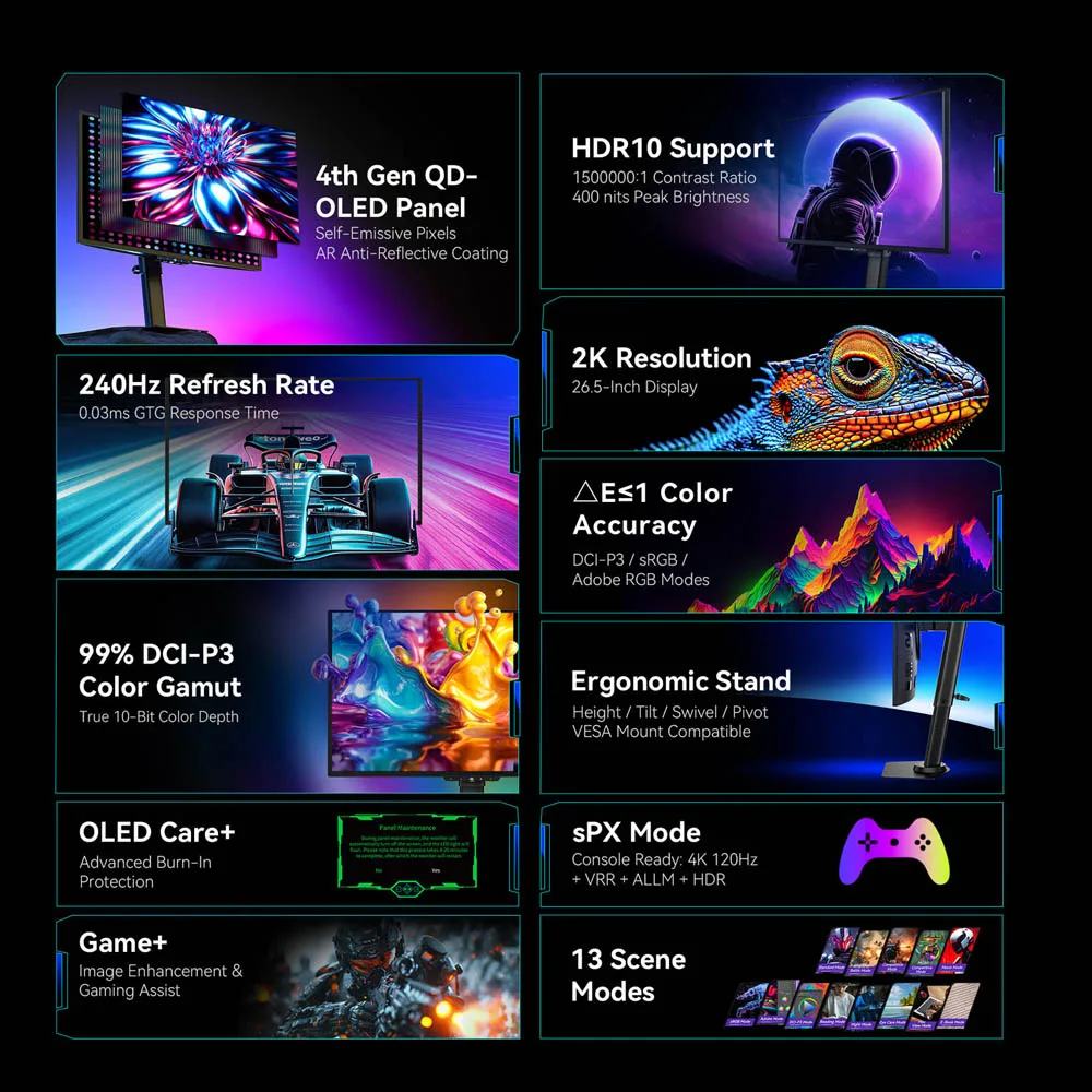 Monitor para juegos Titan Army G2785S de 26,5 pulgadas QD-OLED, 2560×1440 QHD, 240Hz, relación de 0,03Ms, Hdr10, 99 Dci P3, Freesync, soporte ergonómico, Pip, Pbp para deportes electrónicos 4