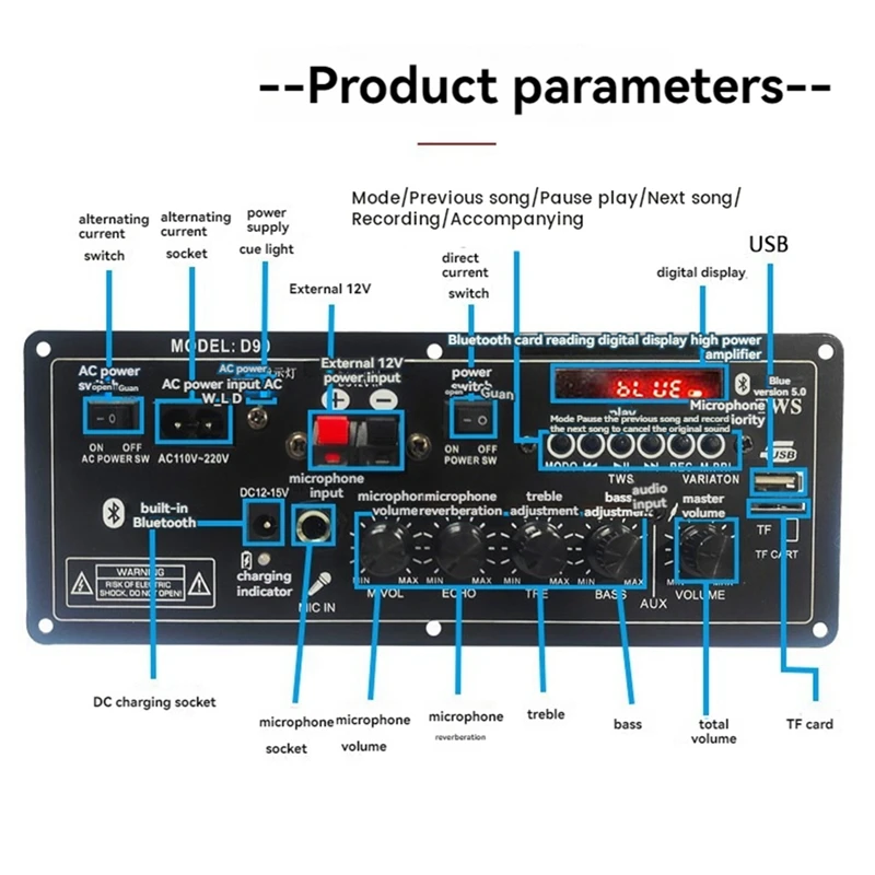 D90 12V Car Bluetooth Amplifier Board AUX Input For Speaker Subwoofer Audio Amp