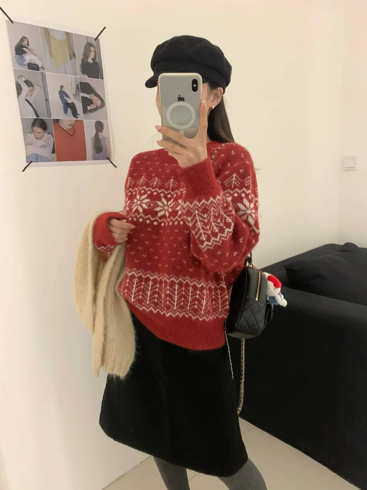 Retro Fair Isle Fiocco di neve Colletto alla coreana Maglione lavorato a maglia Donna Autunno Inverno Rosso Lungo Sve Anti invecchiamento Maglione pigro