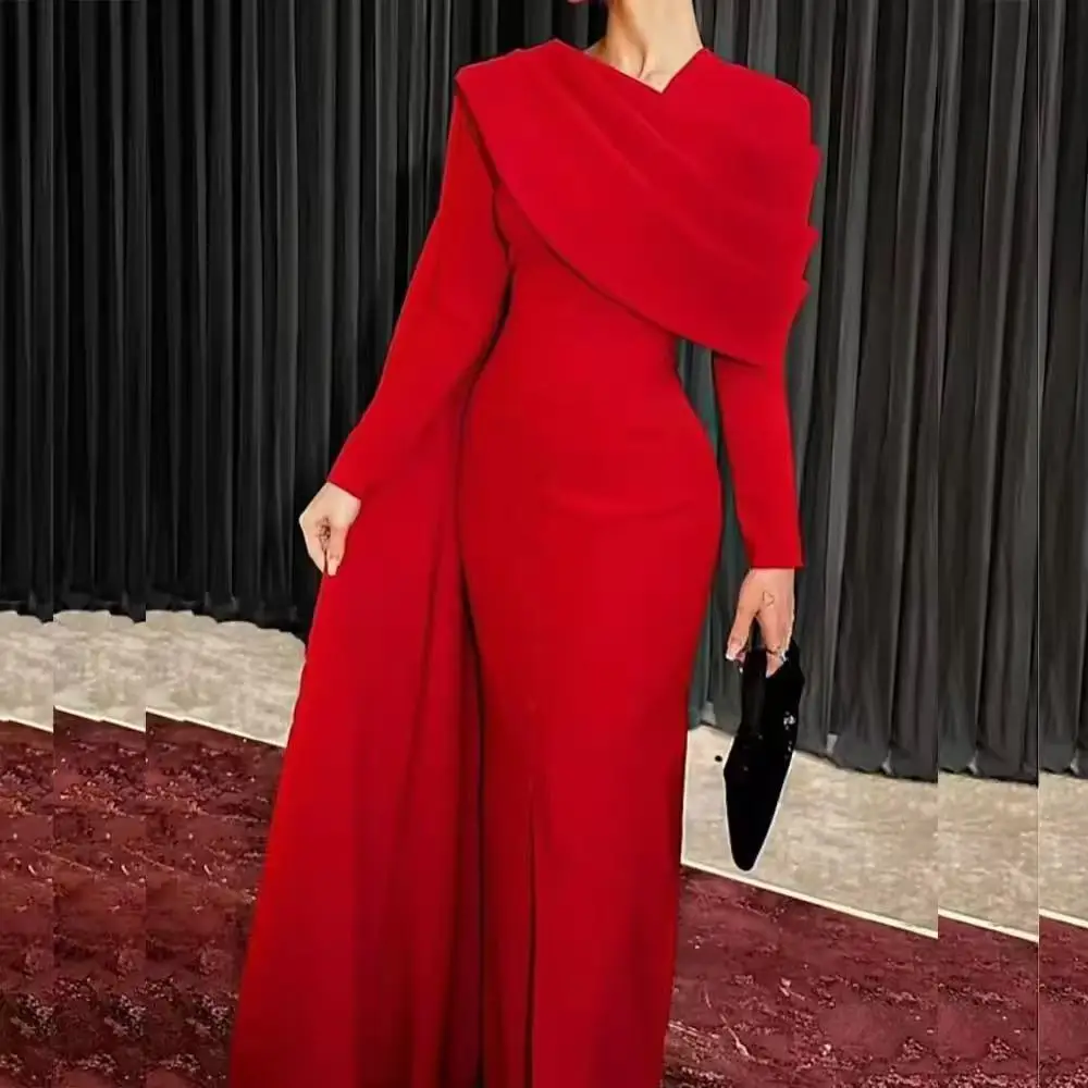 

Customized Elegant Red Womens Dresses Long Sleeves Pleated Straight Floor Length Wedding Party Dresses Formal Dress