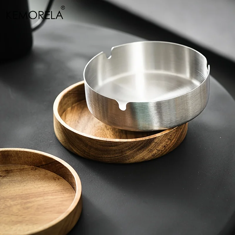 Acacia Wood Desktop Ashtray With Lid Stainless Steel Windproof Ash Tray For Bar Office Home Decoration Smoking Accessories