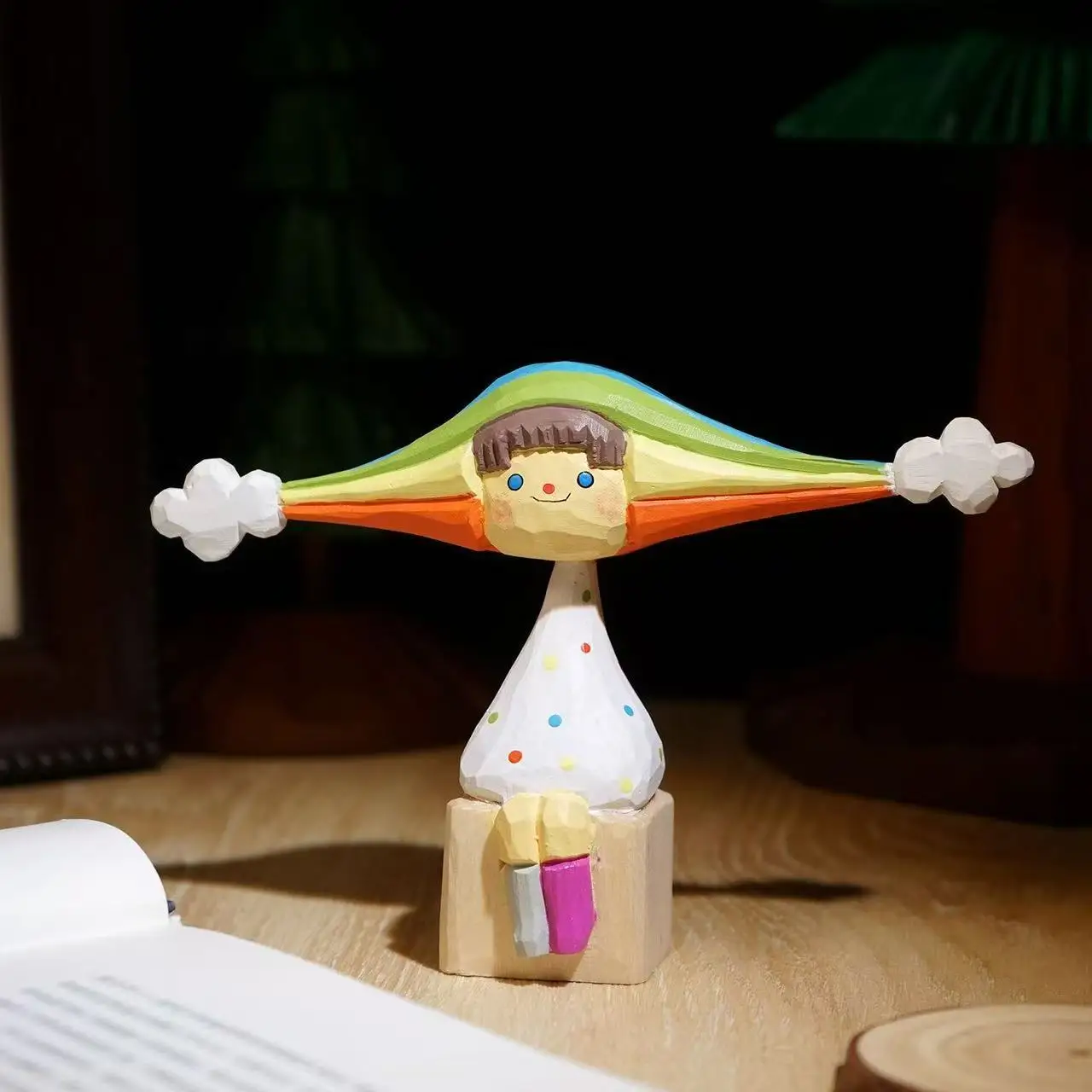 Calming Spring Rainbow Girl Wood Carving, Original Hand-Carved Solid Wood Desk Accessory, Birthday Housewarming Gift