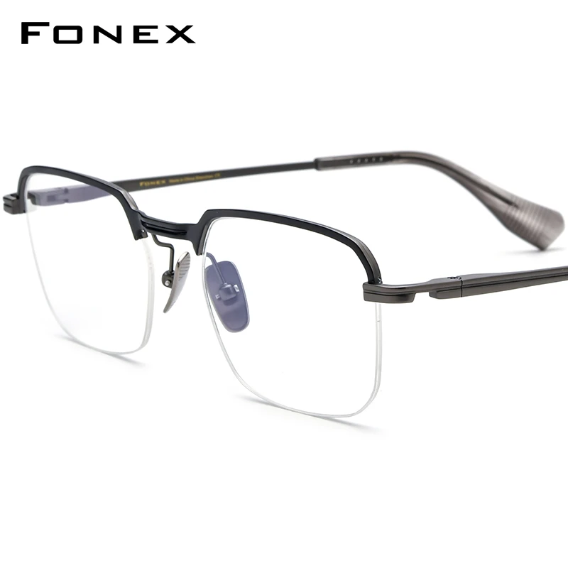 

FONEX Titanium Eyeglasses Frame Men Semi Rimless Square Glasses Men Half Rim Frames Eyewear DTX-154