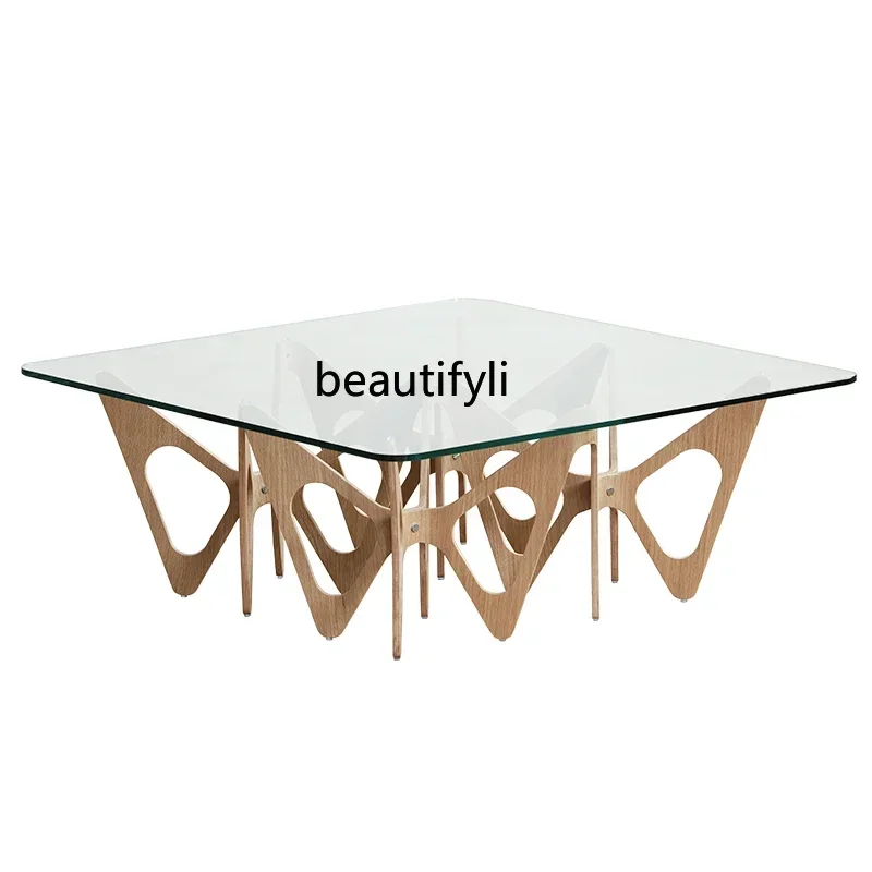 TTT Nordic Italian minimalist tempered glass living room square coffee table oak black