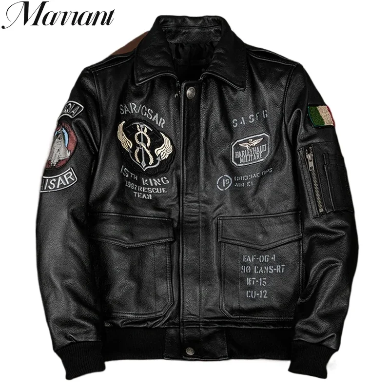 

New Men’s Flying Suit Genuine Leather Coat Cowhide Leather Indian Embroidery Motorcycle Jackets