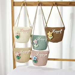 Cute Children's Straw Shoulder Bags Flower Baby Girls Small Bucket Crossbody Bag Boys Kids Mini Coin Purse Beach Handbags