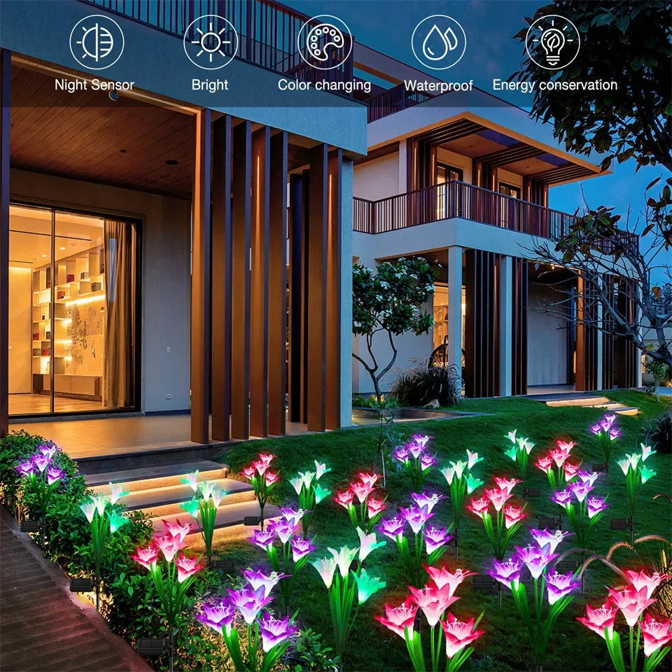 4 رئيس أضواء زهرة الزنبق الشمسية في الهواء الطلق إضاءة مقاومة للماء المناظر الطبيعية مسار مصابيح لحديقة ساحة الزفاف الديكور #6