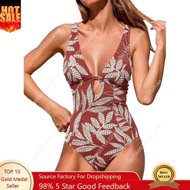 Women's One Piece Swimsuit Deep V Neck Keyhole Cutout O Ring Textured Bathing Suit