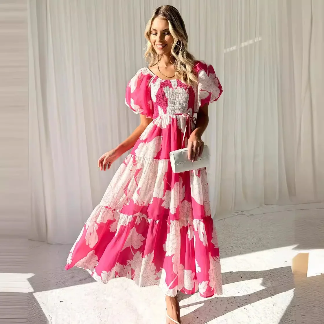 

GZHMR2024 Elegant and Elegant Printed One Shoulder Bubble Sleeves Fashion Dress dress for women streetwear midi dresses