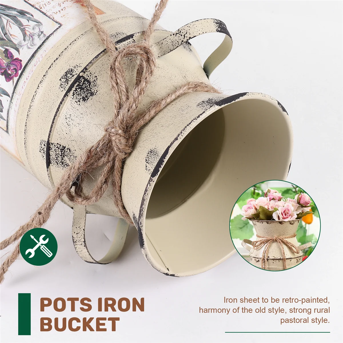 ترتيب هدايا طاولة رث نوعية ديكور منزلي حرفي أواني عتيقة دلو حديد مزهرية زهور الزفاف على الطراز الريفي - بيج