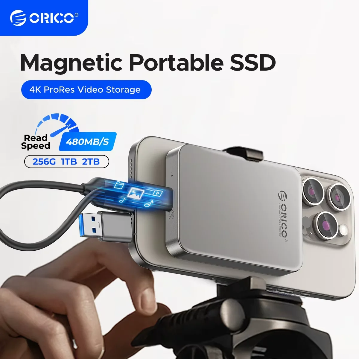 Afbeelding: ORICO 5 Gbps draagbare solid-state drive 480 MB/s magnetische externe SSD voor iPhone 16 15 Pro/Max ProRes 4K HDR opnemen en openen