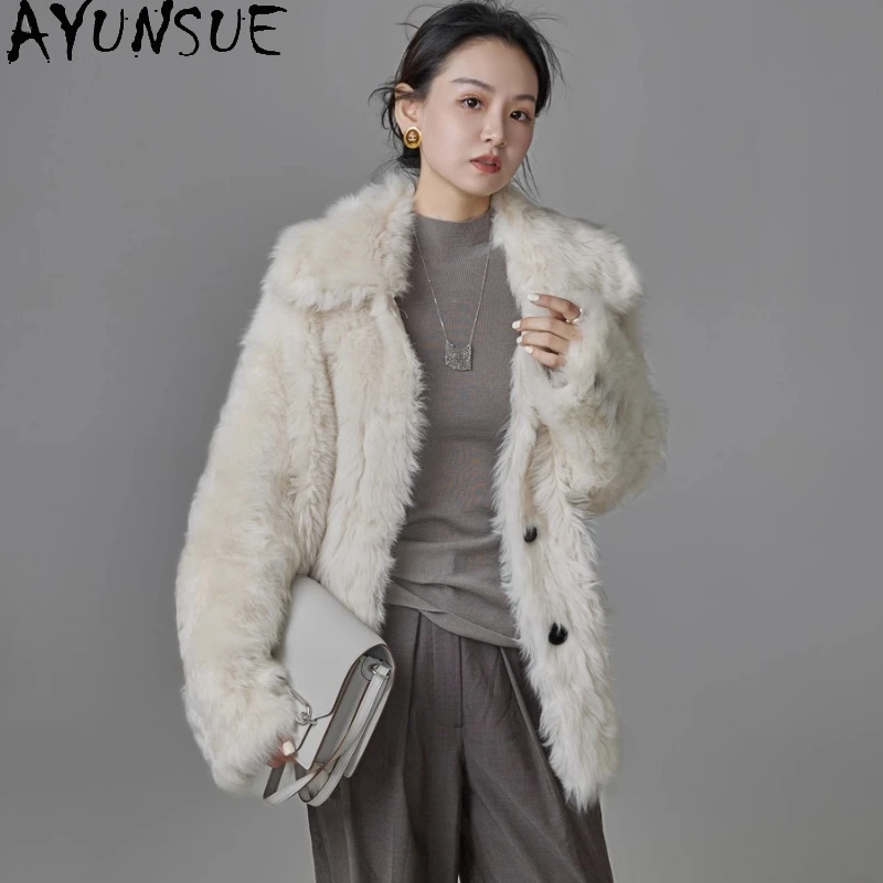 AYUNSUE 天然シープスキン毛皮コート女性リアルレザージャケット冬のジャケット 2025 高級服女性ミッドレングス Шуба Женская