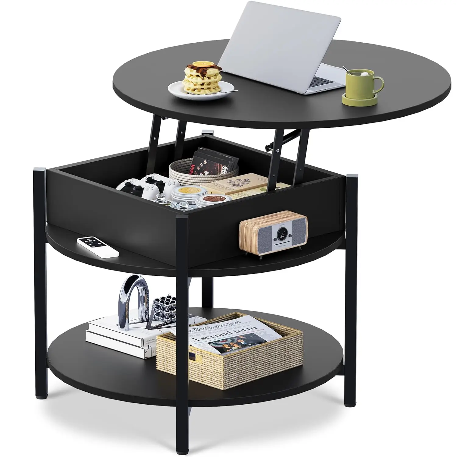 

Round Lift Top Coffee Table with Storage Shelf and Hidden Compartment, Farmhouse Small Coffee Table with 2 Tier for, Customized